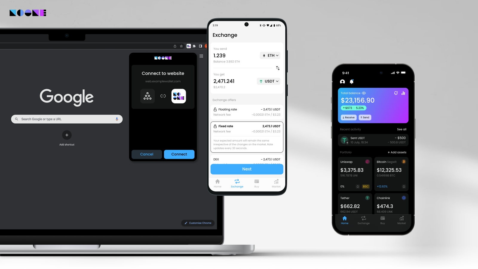 Noone Wallet's interface on mobile and web.